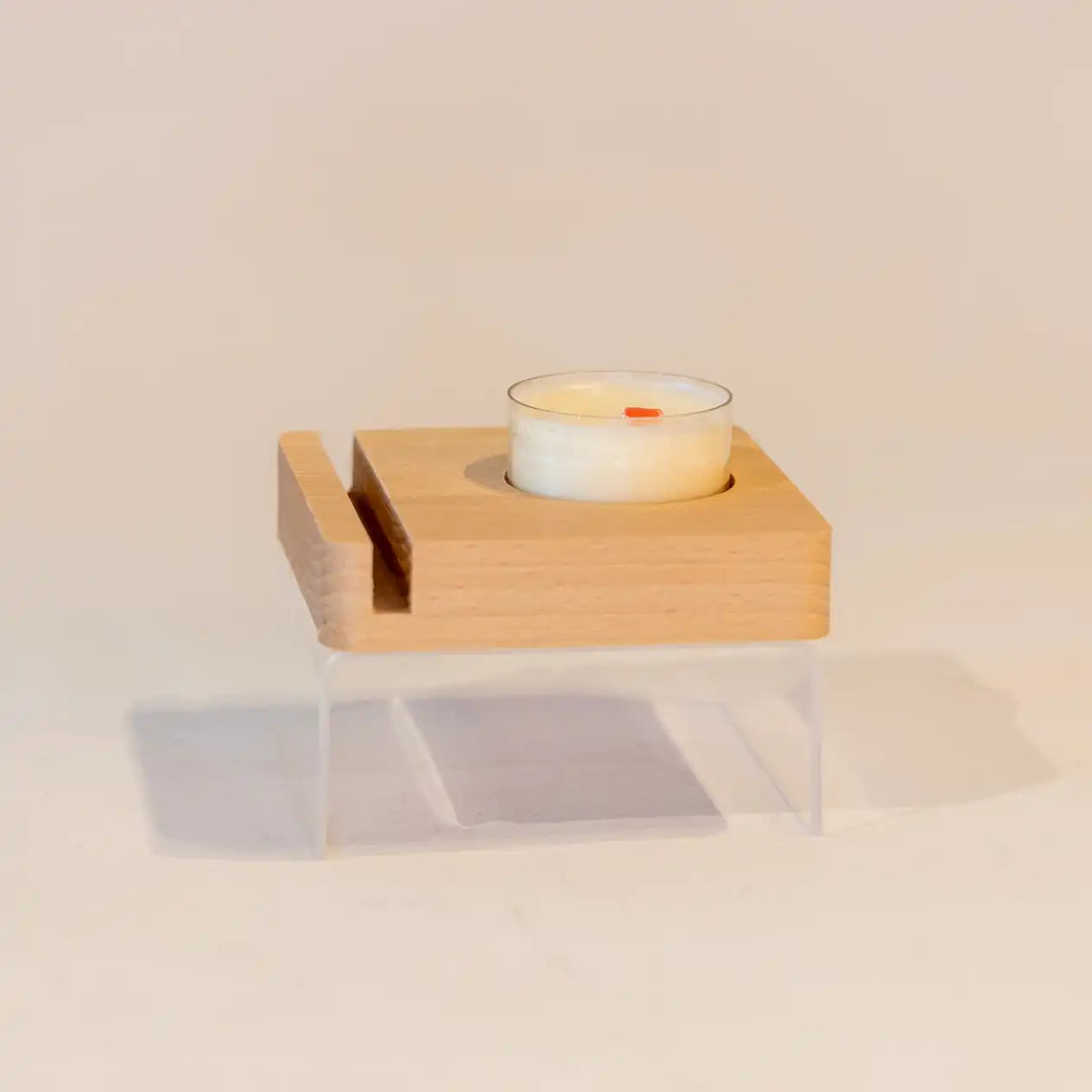 Houten steun voor 6mm glas met waxinelichtje