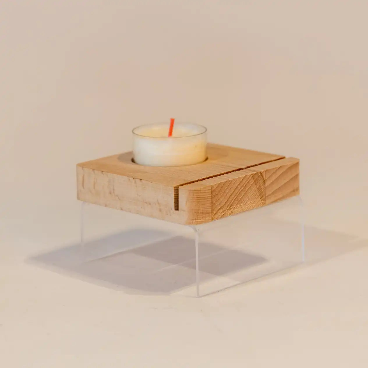 Houten steun voor 3mm glas met waxinelichtje