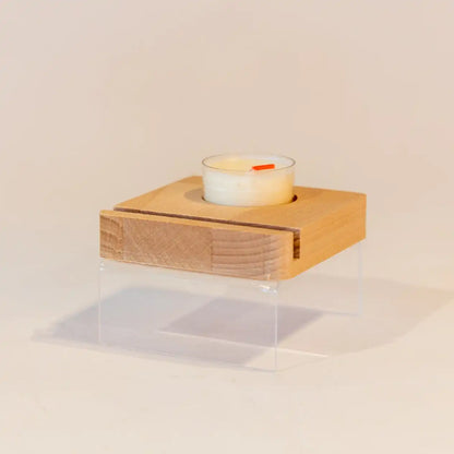 Houten steun voor 6mm glas met waxinelichtje