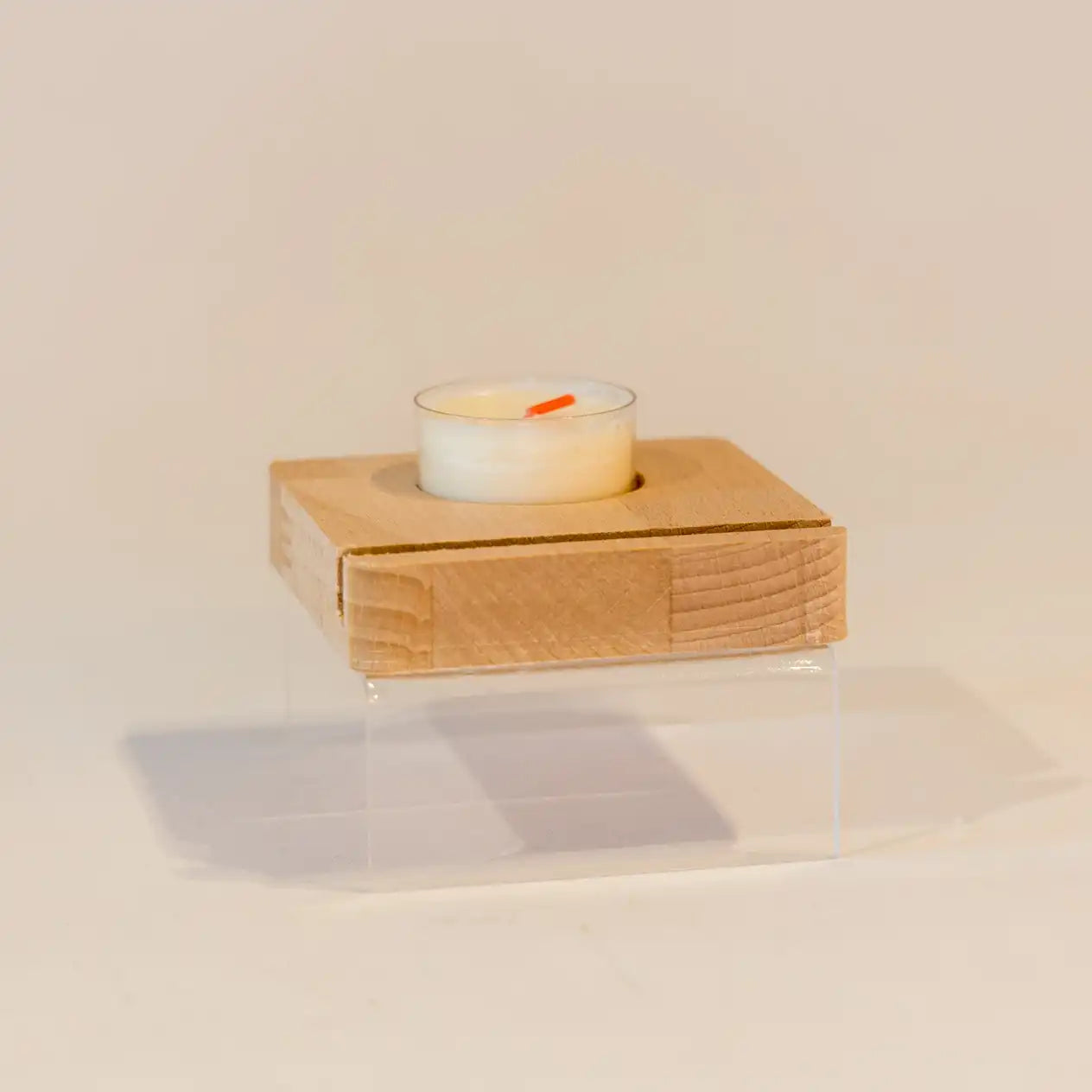 Houten steun voor 3mm glas met waxinelichtje