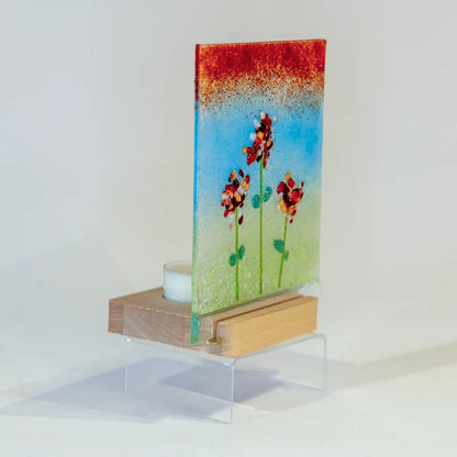 Houten steun voor 6mm glas met waxinelichtje