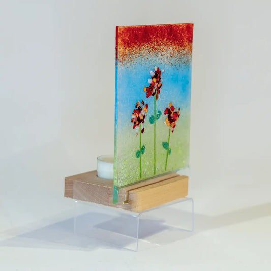 Houten steun voor 6mm glas met waxinelichtje