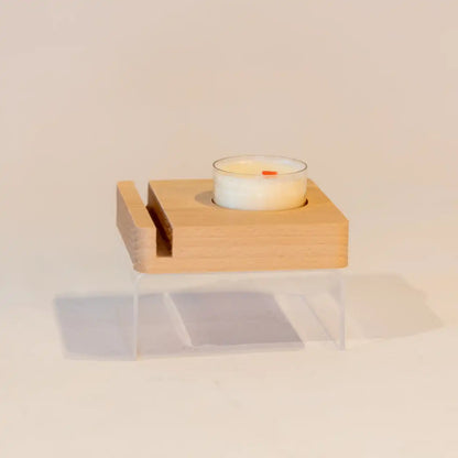 Houten steun voor 6mm glas met waxinelichtje