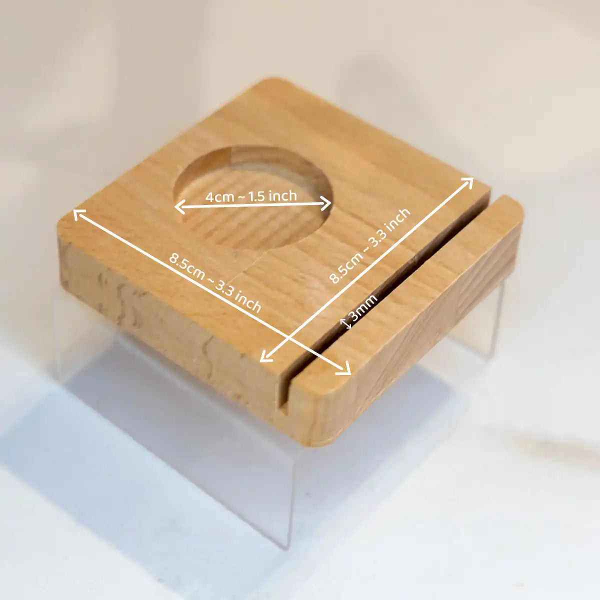 Houten steun voor 3mm glas met waxinelichtje