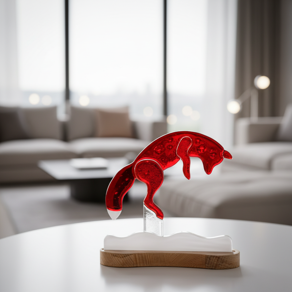 Jagende vos glaskunstwerk met modern interieur